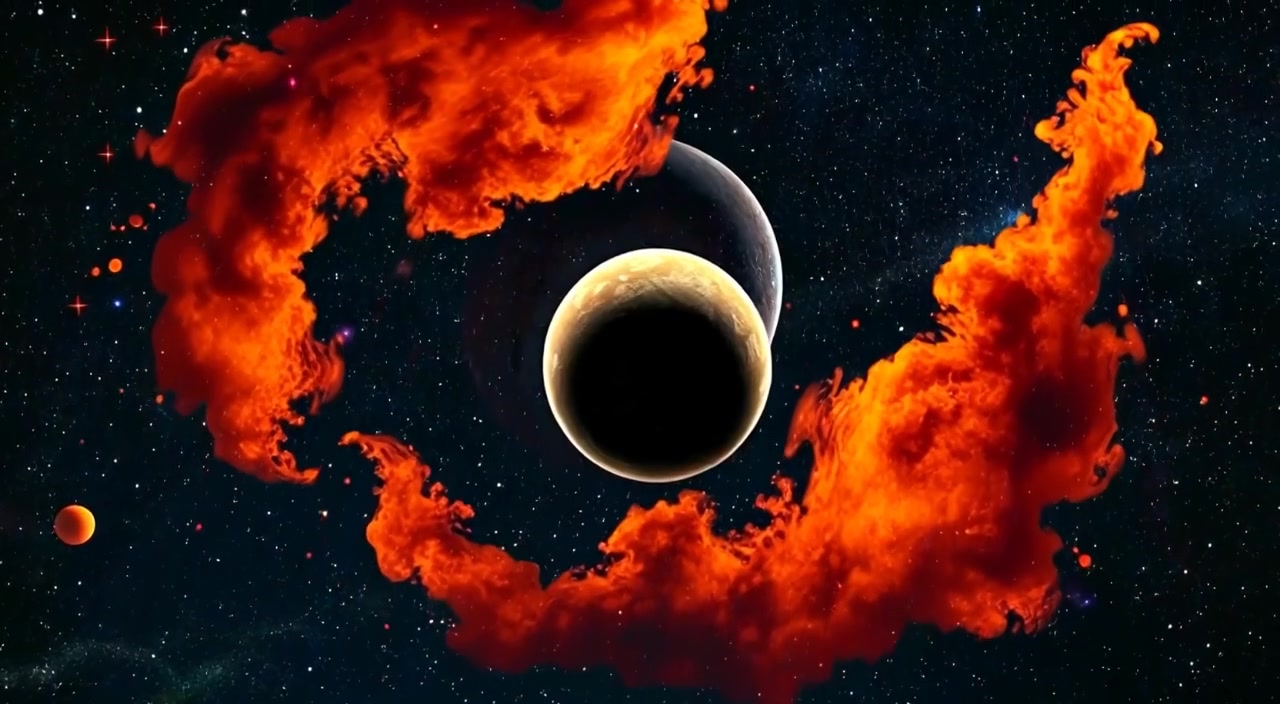Swirling cosmic dust flows gently around a gigantic planet in the vast universe filled with shimmering stars and galaxies.