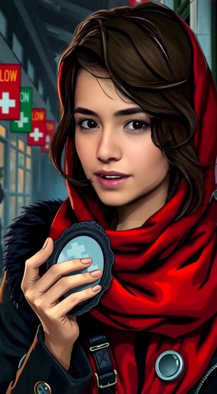 The woman gently tucks the small mirror into her scarf, glancing nervously around as she hides it.