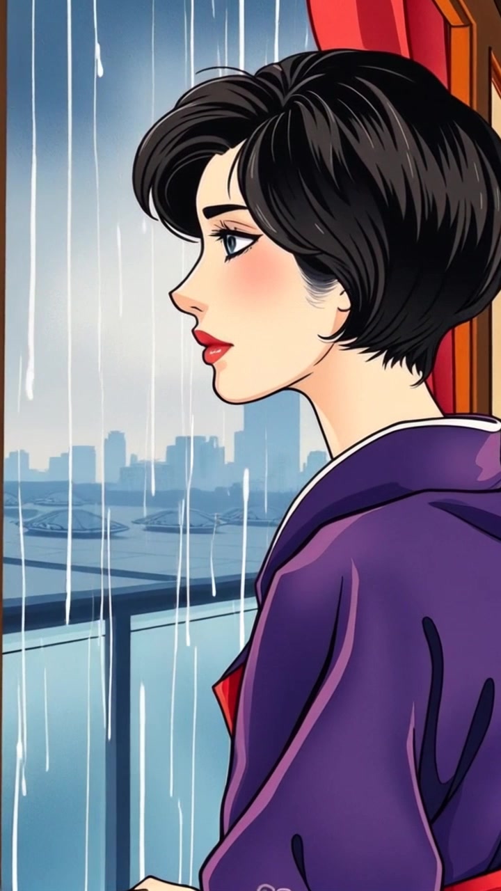 Subject: A melancholic figure standing by a rainy window, gazing outside with tears streaming down their face. Subject movement: The figure remains still, embodying sorrow and contemplation as raindrops cascade down the glass. Scene: A dimly lit, introspective room with shadows dancing softly as rain falls outside, creating a somber ambiance. Style: Cool, muted lighting enhancing the mood of melancholy, with a focus on the merging of the figure's reflection and the rain-soaked window. Motion: Camera slowly zooms in from a wide shot, gradually closing in on the figure's expression, capturing the delicate interplay of emotions.