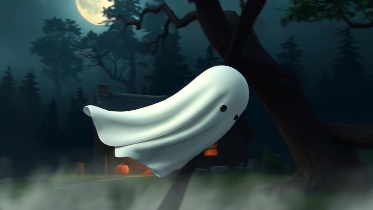 A silhouette of the Cursed Woman, drifting under moonlight in the forest, surrounded by swirling fog.