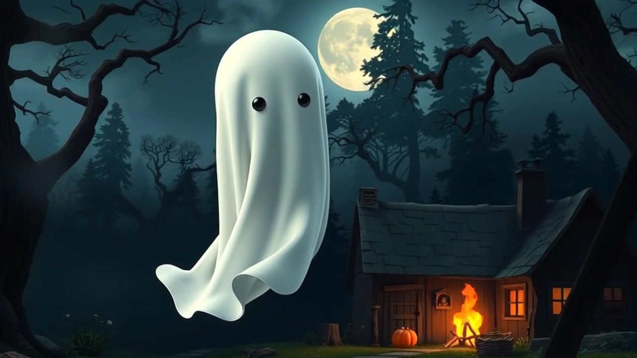 A silhouette of the Cursed Woman, drifting under moonlight in the forest, surrounded by swirling fog.