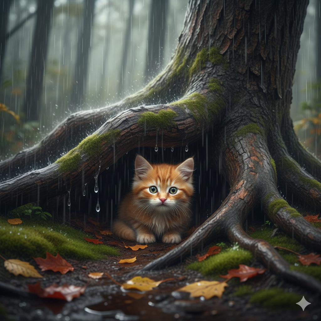 Whispers of Innocence: A Kitten's Rainy Retreat