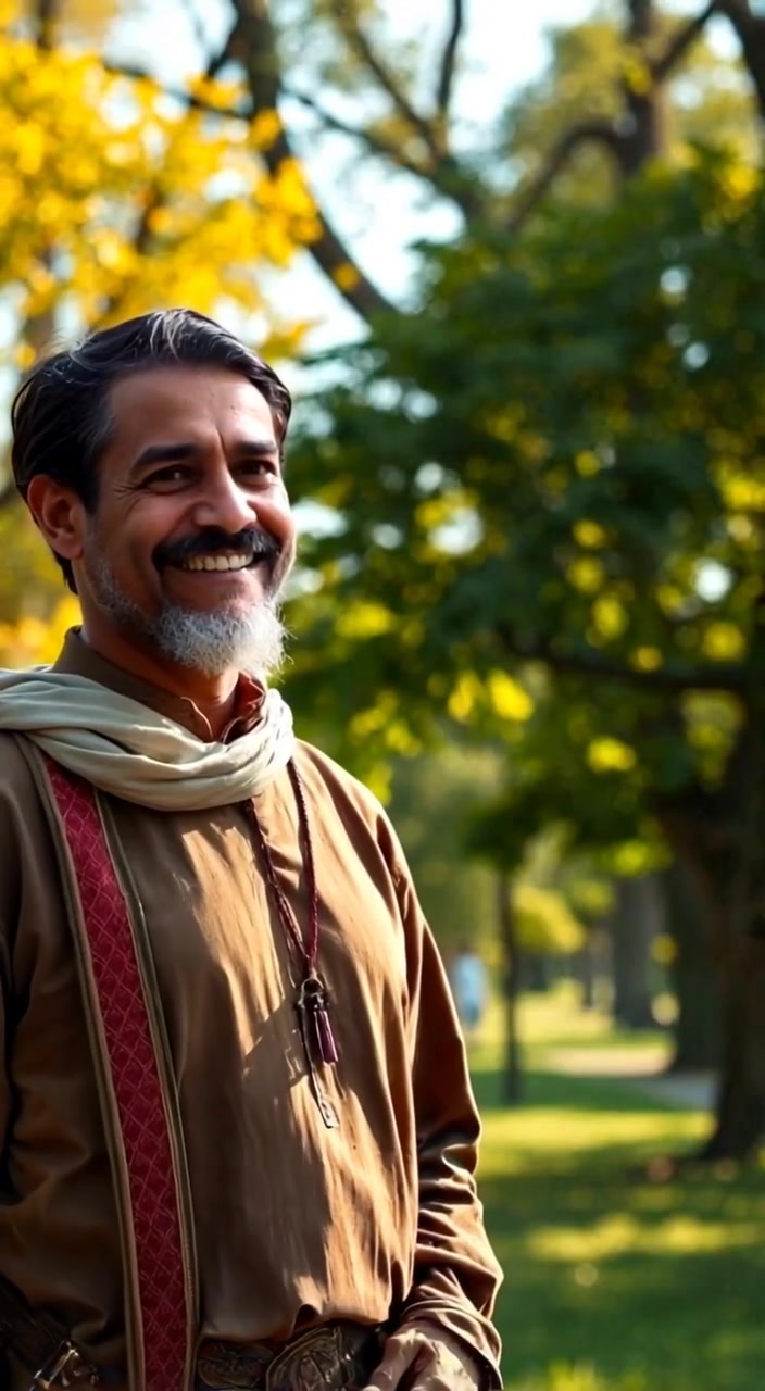 The man smiles warmly, gesturing gently while speaking in a vibrant, sunlit park surrounded by lush green trees.
