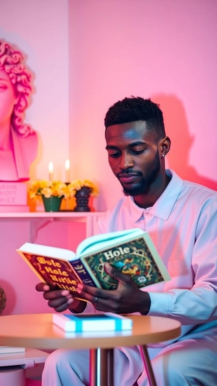 Subject: A person deeply focused on reading a holy book. Subject movement: The individual occasionally turns pages slowly, absorbing the wisdom within. Scene: Cozy room with warm colors, soft furnishings, and a calming ambiance. Style: Warm, inviting lighting creating a peaceful atmosphere. Motion: The camera performs a gentle push-in from a distance, gradually revealing the serene expression on the reader's face as they immerse themselves in the text.