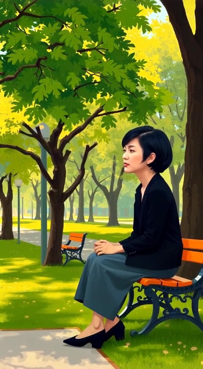 The woman gently gazes at the trees, lost in thought, as leaves rustle softly in the breeze.