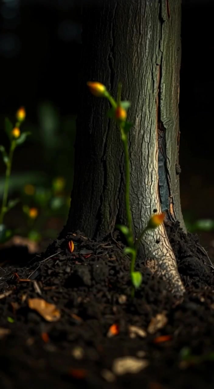 A sapling gently sways in the breeze, while soil grains shift subtly around its growing roots.