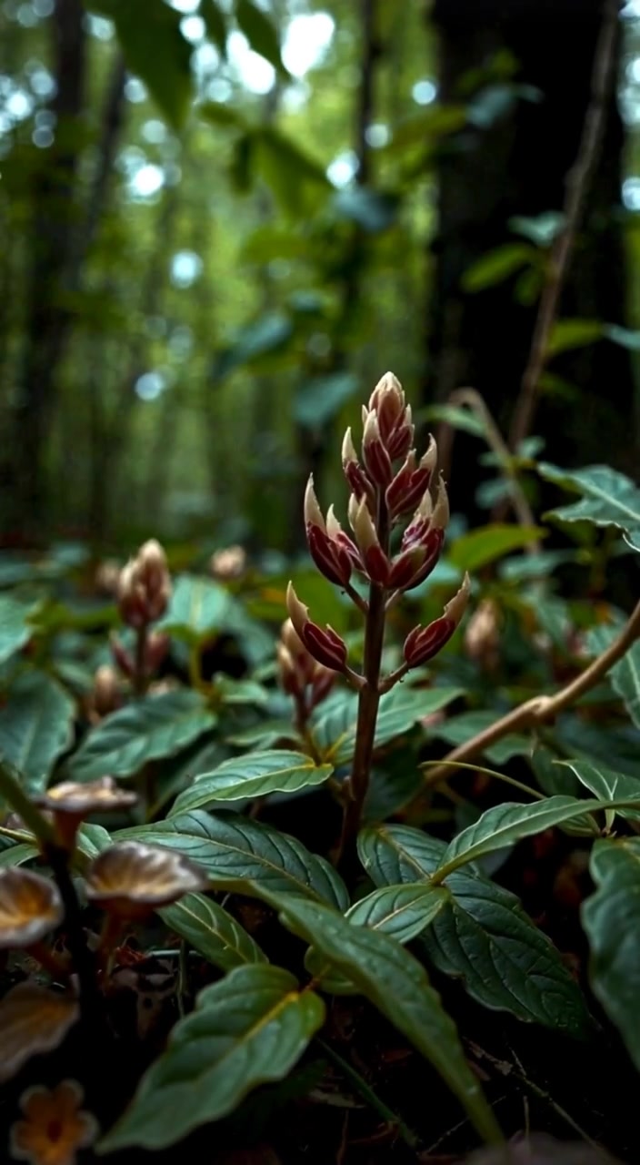 Dewdrops gently form and roll off the leaves of the Socratea exorrhiza plant on the forest floor.