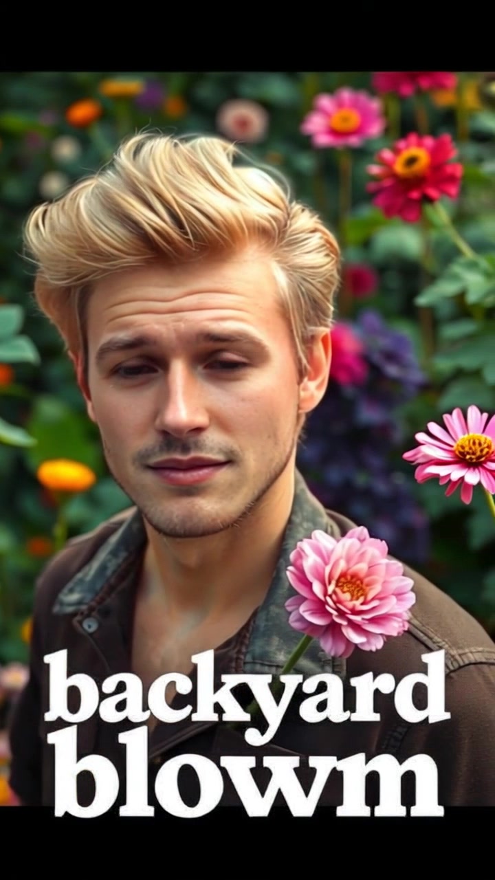 A colorful title card reading 'Barry's Backyard Bloom' appears onscreen, centered in the frame. The camera pans slowly to the right, revealing a lush garden background with blooming flowers and buzzing bees. Soft ambient lighting enhances the vibrant colors, creating a cheerful and inviting atmosphere.