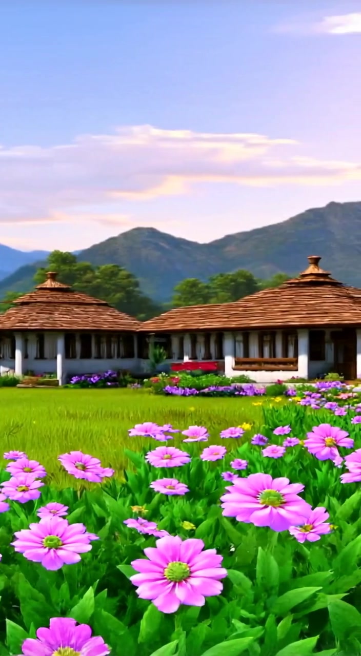 A gentle breeze sways the flowers as the sun rises over the mountains, illuminating the peaceful village below.
