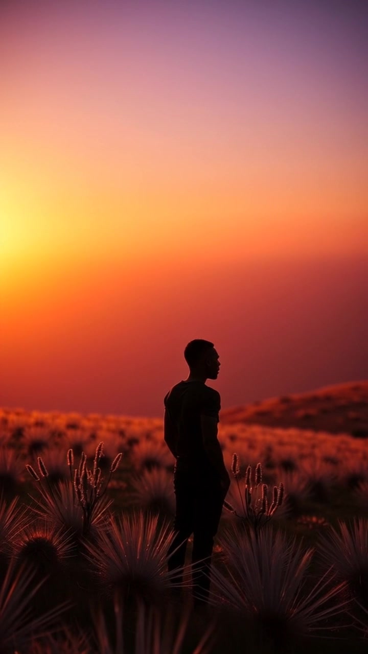 Scene: A silhouette of the Shadow Figure standing at the edge of a vast, grassy field, gazing over a distant horizon. Style: Soft, ambient twilight lighting casting long shadows across the field, creating a sense of mystery. Motion: The camera slowly pushes in on the figure, emphasizing its solitary presence against the expansive landscape, with gentle wind rustling the grass.