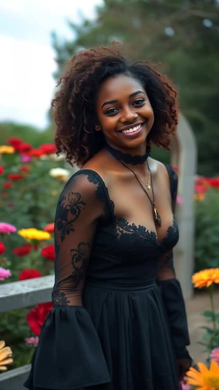 Subject: A young girl with medium brown skin, standing in a vibrant flower-filled garden. Subject movement: She smiles warmly while gently swaying side to side, embraced by the soft breeze. Scene: A colorful garden in full bloom, surrounded by lush green foliage under a clear blue sky. Style: Morning light casting a soft glow over the scene, enhancing the vivid colors of the flowers. Motion: A smooth pan around the girl, capturing her infectious smile as the camera sweeps through the blooms, focusing on the beauty of the garden.