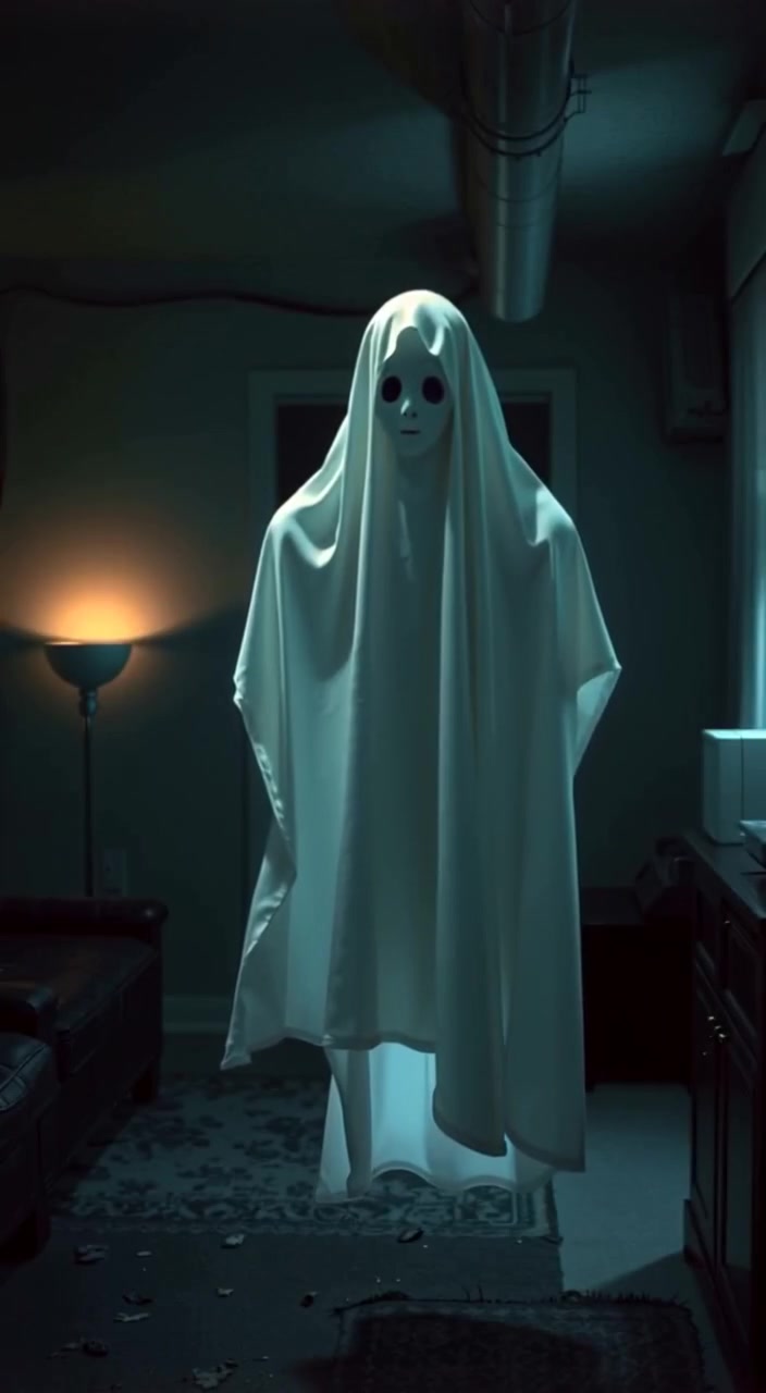 A dimly lit room with a pale light, highlighting Suara Perempuan floating gently, her white sheet-like drapery flowing softly.