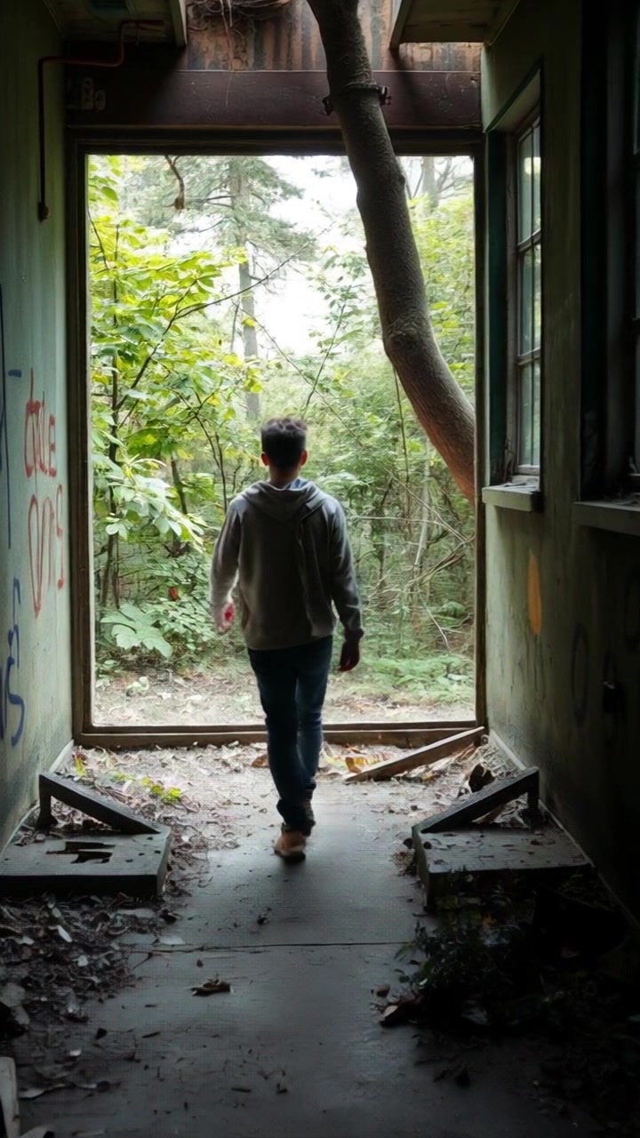 Scene: A dense forest with tall trees, sunlight filtering through the leaves, illuminating the path ahead as a person exits the thicket, unaware of an unseen presence lurking behind them. Style: Soft, dappled sunlight creates a serene yet tense atmosphere, enhancing the sense of mystery. Motion: The camera follows closely behind the person, capturing their footsteps on the forest floor, then smoothly pans to the side, revealing glimpses of the dense foliage and shadows that hint at the invisible presence.