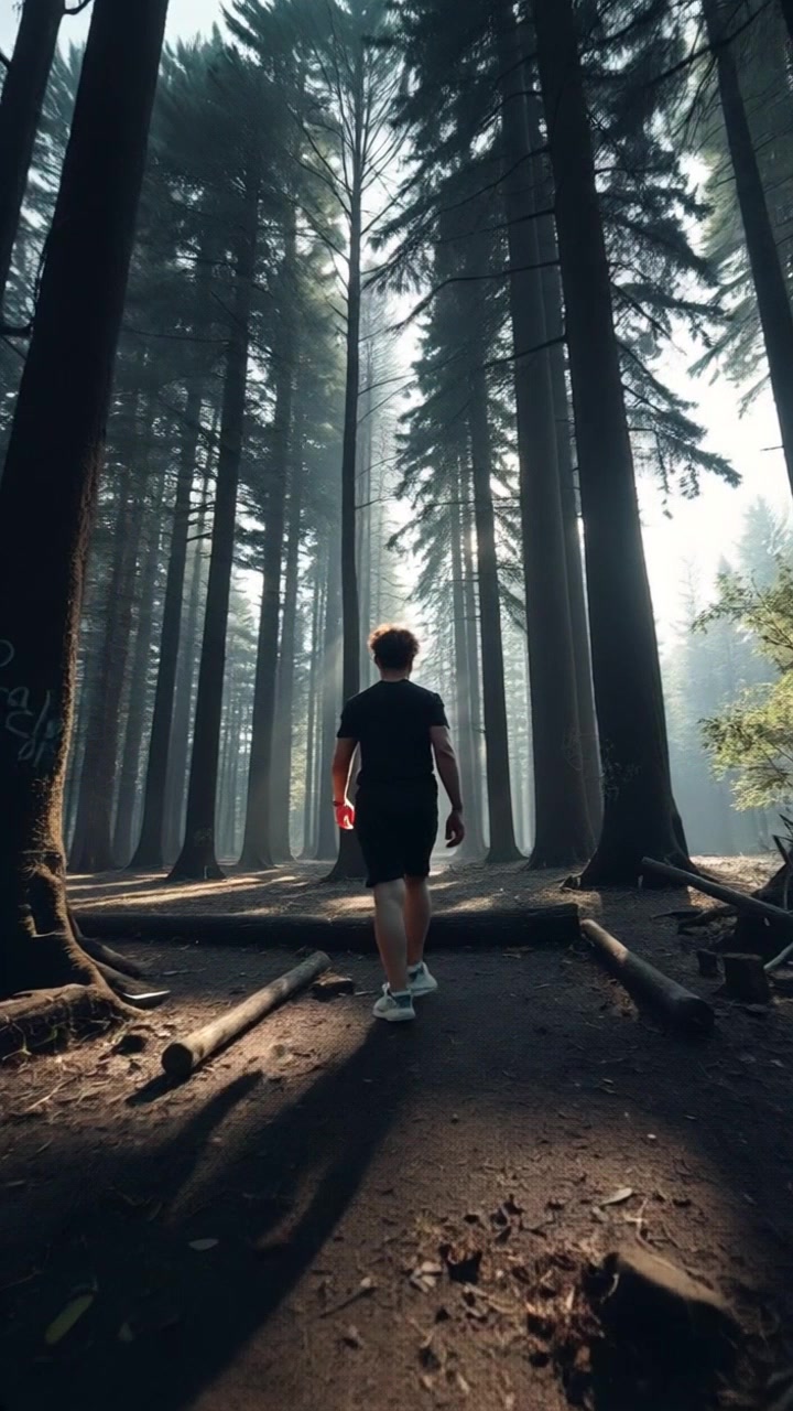 Scene: A person stepping cautiously into a dense, shadowy forest, surrounded by towering, dark trees that create an atmosphere of mystery. Style: Soft, diffused light filtering through the tree canopy, casting intricate shadows on the forest floor. Motion: The camera tracks the person's movement from behind, pushing in gently as they advance deeper into the woods, capturing the sense of exploration and the enveloping embrace of nature.