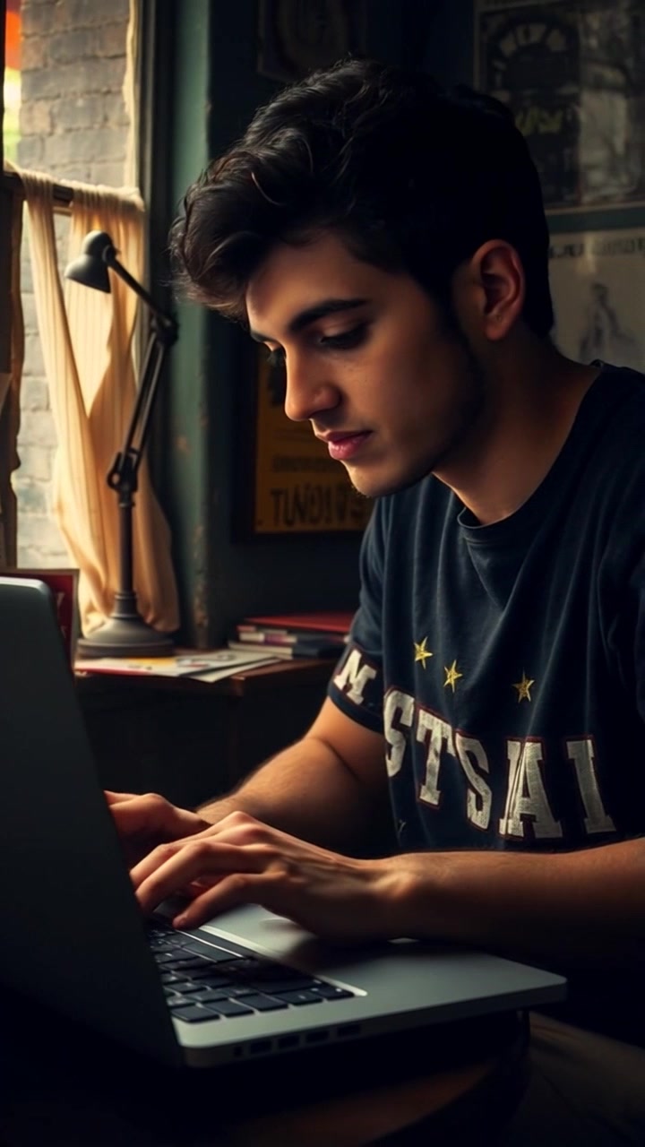 Subject: A protagonist immersed in typing on a laptop. Subject movement: Their fingers move quickly across the keyboard, emphasizing focus and urgency. Scene: A dimly lit room, adorned with mystery-themed posters on the walls, creating an air of intrigue. Lighting: Low, moody lighting that casts soft shadows across the room. Motion: The camera starts with a close-up on the laptop screen, then slowly pulls back to reveal the entire scene, highlighting the cozy yet mysterious atmosphere.