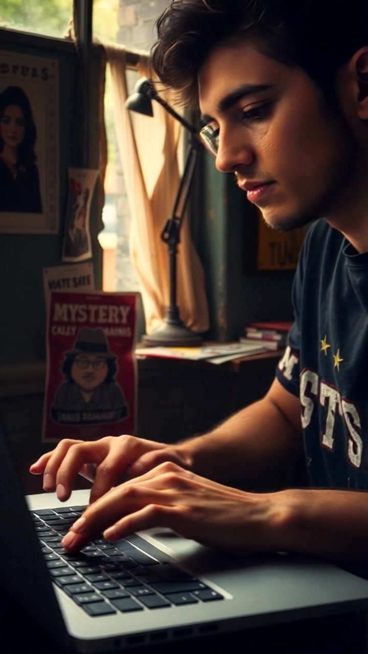 Subject: A focused protagonist typing intently on a laptop. Scene: Dimly lit room adorned with mystery-themed posters on the walls, creating an enigmatic atmosphere. Motion: Camera moves in for a tight close-up on the protagonist's hands as they type, with the soft glow of the laptop screen illuminating their concentrated expression. Lighting: Subdued, ambient light enhancing the mystery of the setting.