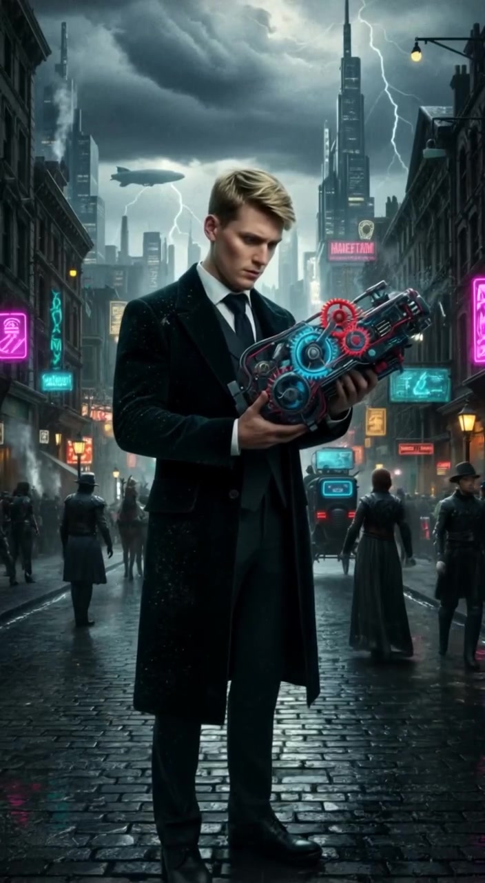 A close-up of the Inventor looking puzzled while examining a machine with exposed gears.