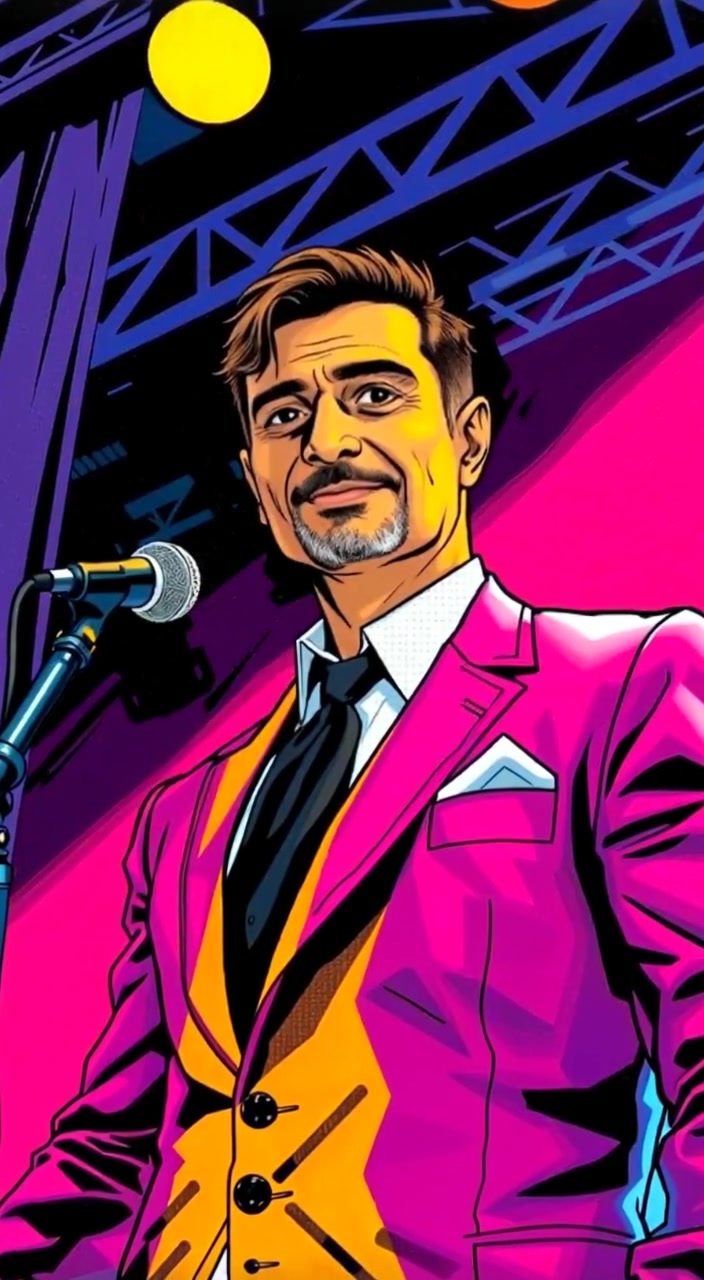 The man on stage stands confidently, the shimmering blue light reflecting off his suit as the audience watches intently.