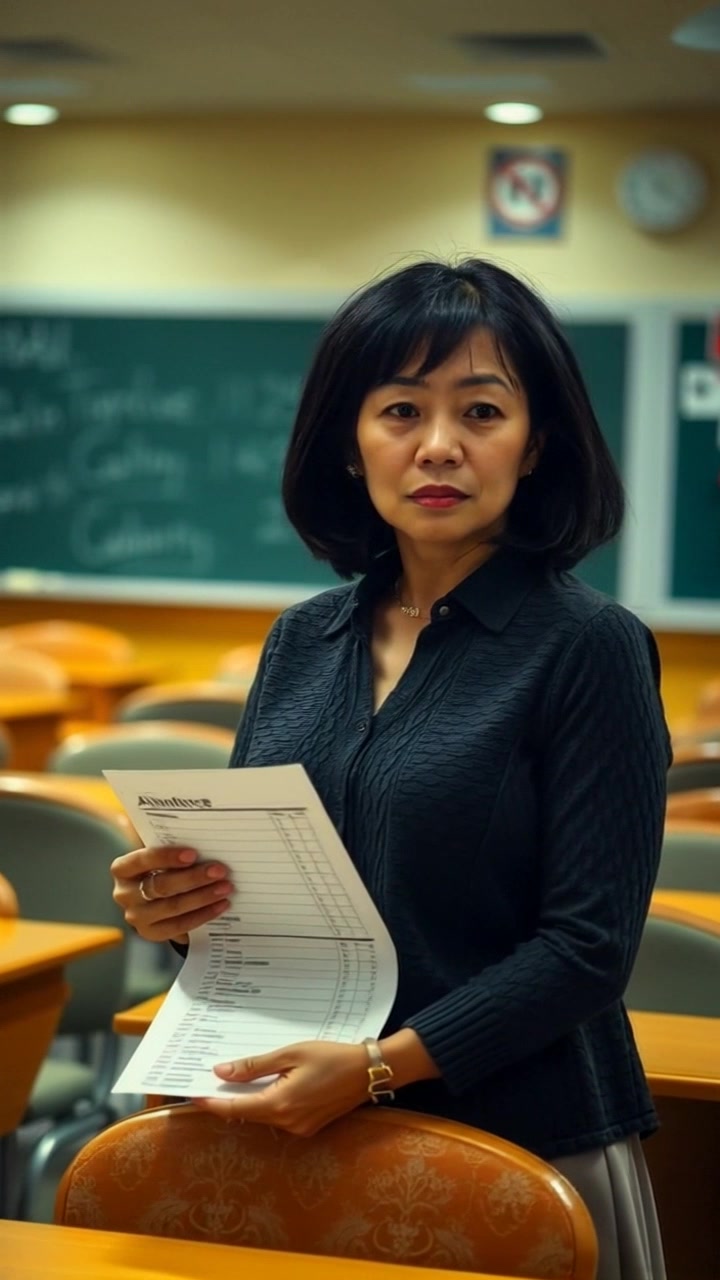 Scene: A worried guru stands at a classroom desk, clutching an attendance sheet in an otherwise empty classroom. Style: Soft, diffused lighting enhances the mood of concern, creating shadows on the desks and walls. Motion: The camera slowly zooms in on the guru's expression, capturing the tension in the air as it shifts perspective to reveal the vacant chairs in the background.