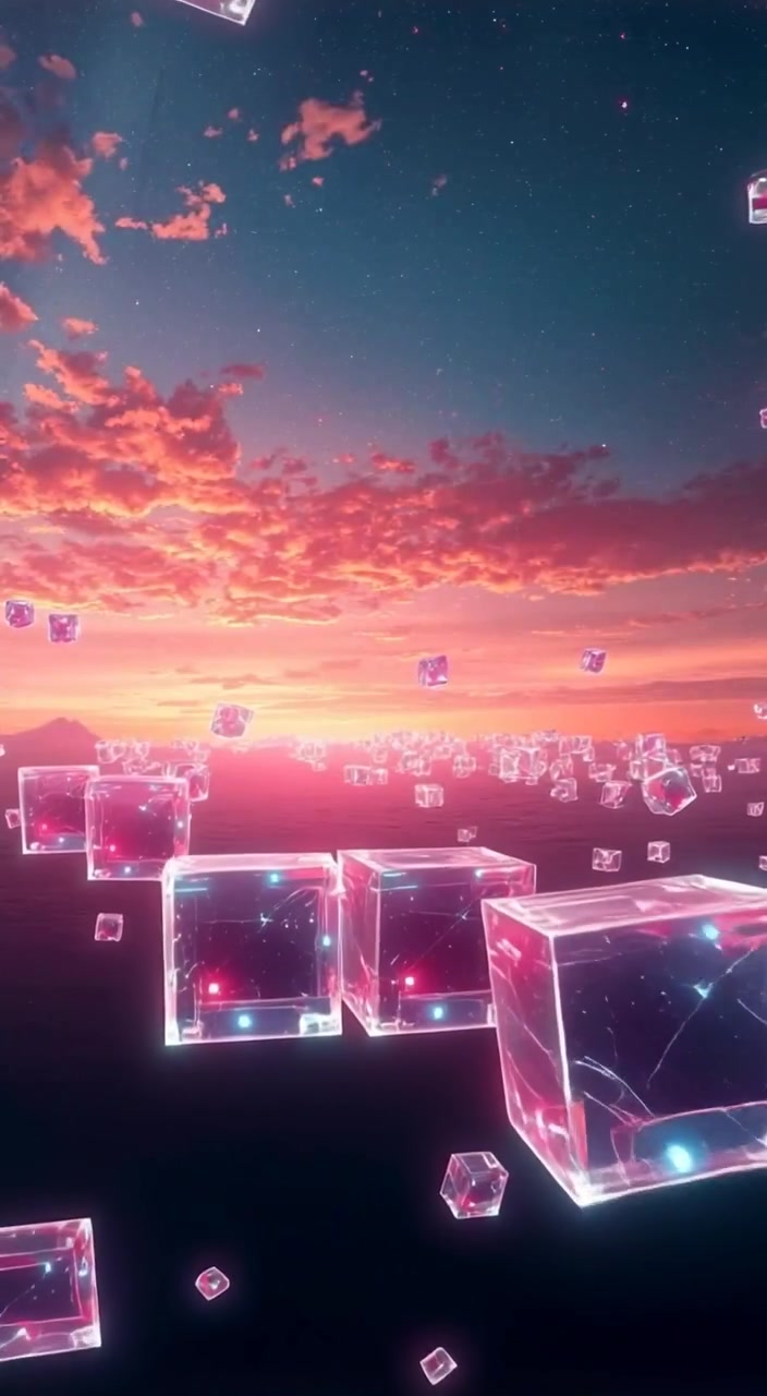 A surreal landscape filled with transparent cubes floating in a colorful, abstract sky.