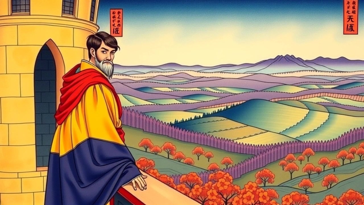 Subject (Build, Crown, Regal attire, Intense gaze) + Subject movement (Gazing out) + Scene (Castle balcony overlooking vast kingdom with rolling hills and forests) + Camera Language (Slow zoom out) + Lighting (Golden hour) + Atmosphere (Grand and majestic)