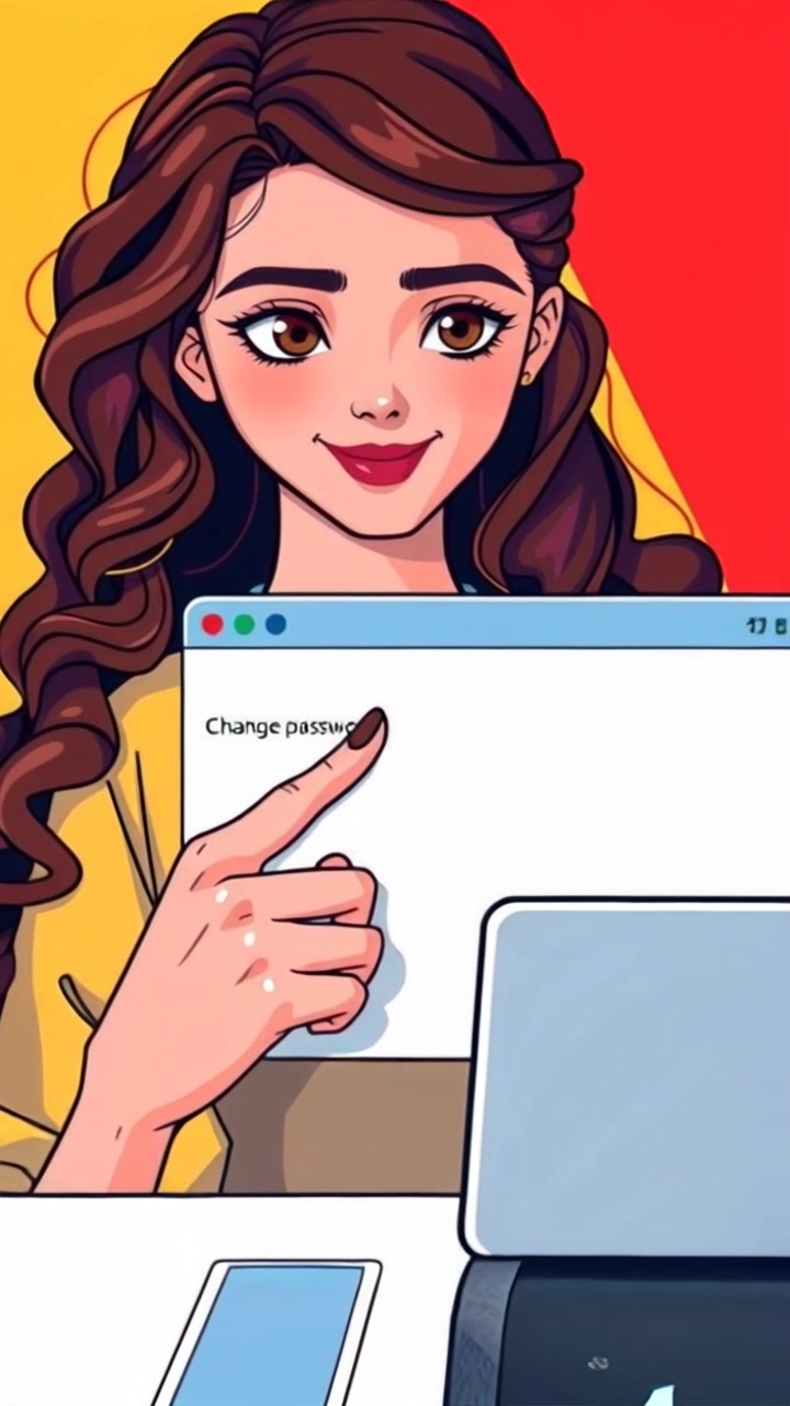Scene: A close-up of a user’s hand confidently clicking on the 'Change Password' button within an online security settings interface. Style: Bright, digital lighting enhances the clarity and focus on the screen elements. Motion: Camera zooms in on the hand's movement, capturing the click with a slight tactile emphasis, before pulling back to reveal the full setup of the computer environment.