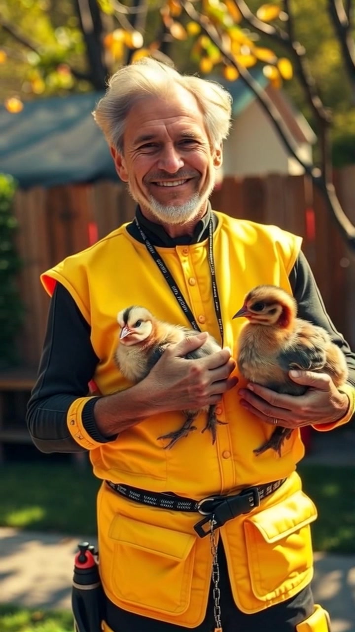 Subject: Grandpa in casual attire, holding two large fluffy chicks in his arms, smiling warmly. Movement: Still scene with Grandpa gently swaying. Scene: Sunny backyard with lush green grass and colorful flowers in bloom, conveying a sense of joy and tranquility. Camera Language: Slow push-in towards Grandpa and chicks, capturing the tender moment. Lighting: Soft, warm sunlight casting gentle shadows and highlighting the vibrant garden. Atmosphere: Peaceful and heartwarming, inviting viewers into a moment of pure happiness.