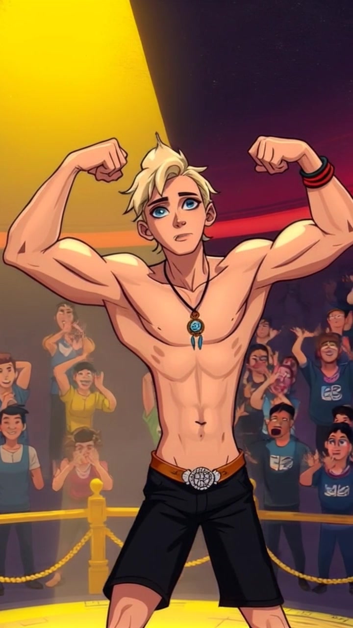 Subject: A powerful figure in ancient armor, flexing his muscles in the arena. Subject movement: He strikes a commanding pose, showcasing his strength as the crowd erupts in cheers. Scene: The bustling arena filled with an enthusiastic crowd under the vast open sky. Style: The sun casts intense, dramatic lighting highlighting the subject's physique and the textures of the arena. Motion: The camera performs a dramatic panning shot, sweeping from the cheering crowd to the subject in the center, emphasizing the energy and excitement of the moment.