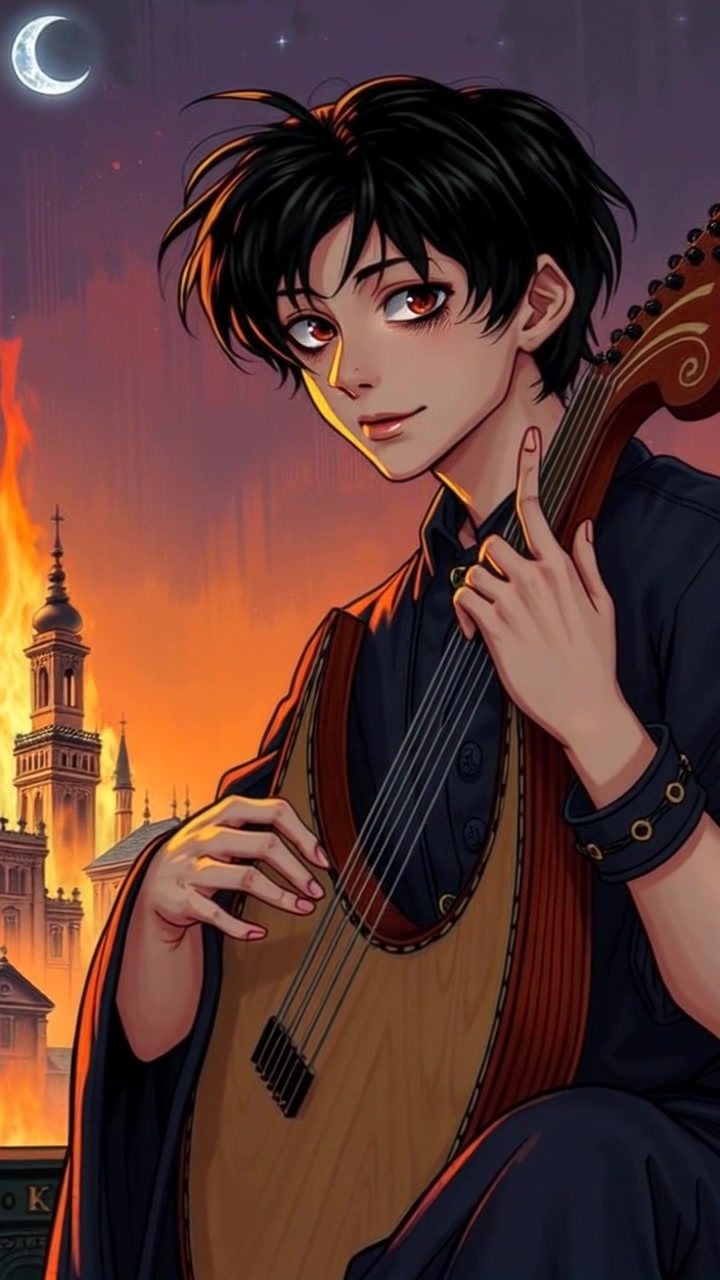 Scene: Nero playing a lyre amidst a backdrop of flames engulfing a distant part of the city, capturing a dramatic moment of music and chaos. Style: The scene is illuminated by a mix of warm firelight and shadows, creating a contrast between the fiery destruction and Nero’s focused expression. Motion: The camera slowly pushes in on Nero, emphasizing his serene composure as the chaos unfolds behind him, with flames flickering and crackling in the distance.