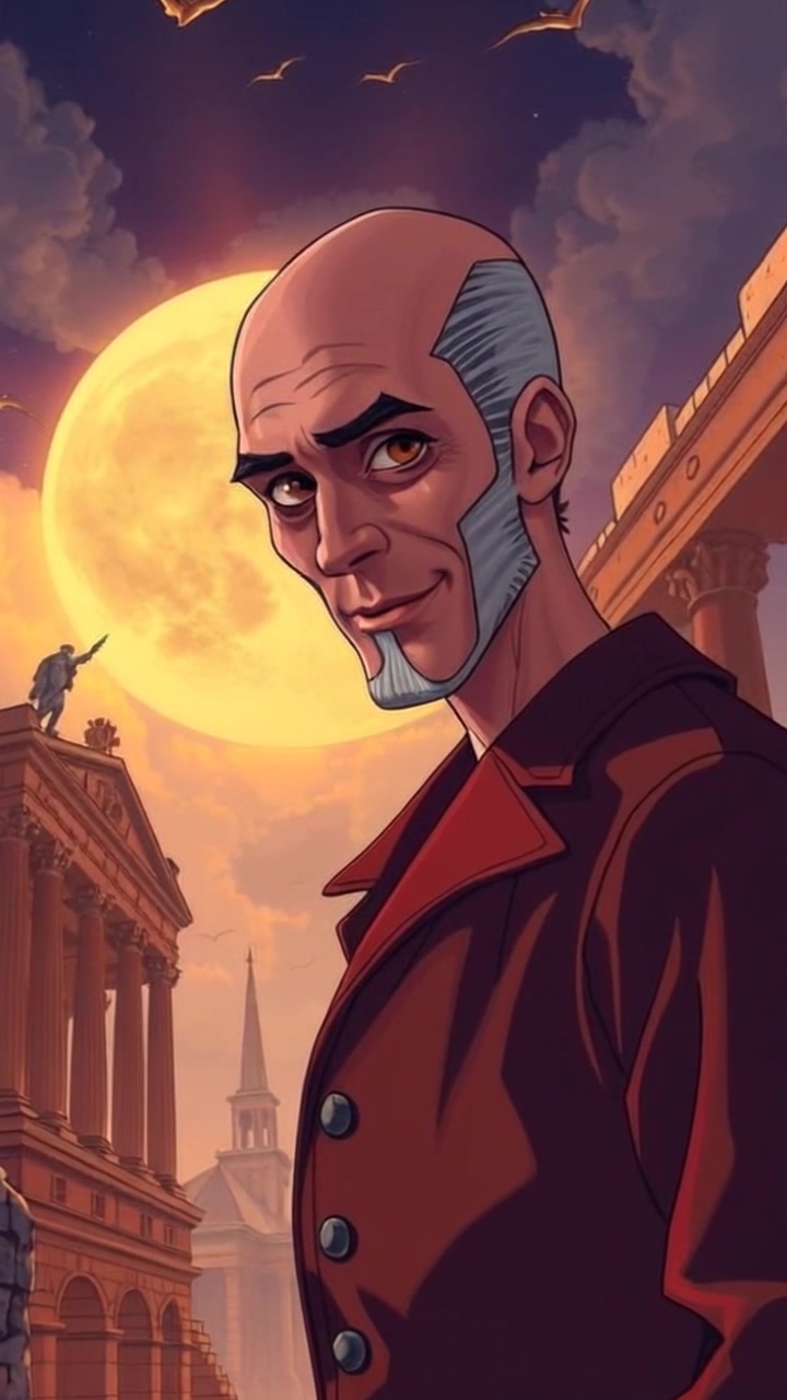 Subject: A charismatic narrator with a smirk, standing confidently in front of ancient Roman ruins. Scene: The grandeur of crumbling columns and arches from the Roman Empire envelops the narrator, highlighting both history and personality. Motion: The camera slowly zooms in on the narrator's expressive face, capturing the light reflecting off the ruins, while the warm evening sun casts a golden hue over the scene, creating an inviting atmosphere.