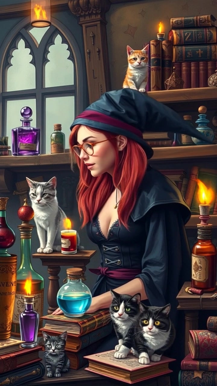 An old room filled with magical potions and spell books.