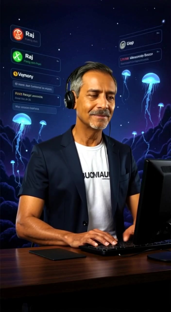 The man leans forward slightly, listening intently as the soft glow of the computer screen illuminates his face.