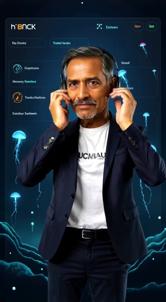 The man nods slightly, listening intently while adjusting his headset in a busy office environment.