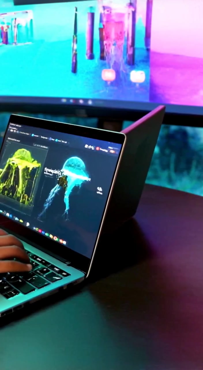 The person intently scrolls through vibrant product images on their laptop, fingers gently tapping the keyboard.