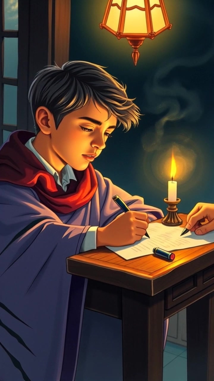 Subject: A young scholar deeply focused on writing. Subject movement: The scholar's hand moves swiftly across the parchment, pen gliding with purpose. Scene: Dimly lit room with ornate wooden desk, parchment scattered with ink pots, and flickering candlelight casting soft shadows. Style: Warm, ambient lighting from the candles creates a cozy, intellectual atmosphere. Motion: Camera slowly pushes in for a close-up of the writing hand, then tracks up to reveal the scholar's concentrated expression.