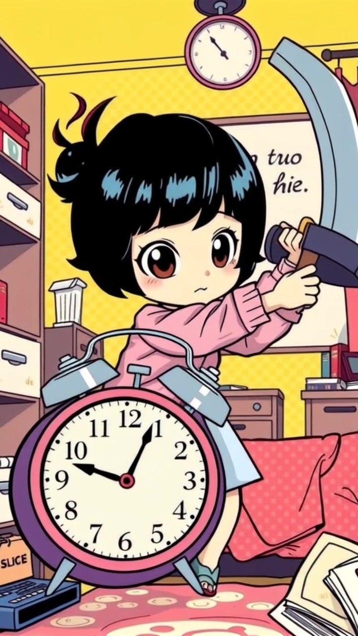 Chibi Student swings a noodle sword at a giant alarm clock in a messy bedroom. Perform a rapid dolly zoom-in on the student's determined face. The lighting is soft morning light pouring in through a slightly open window, creating a warm and inviting atmosphere.