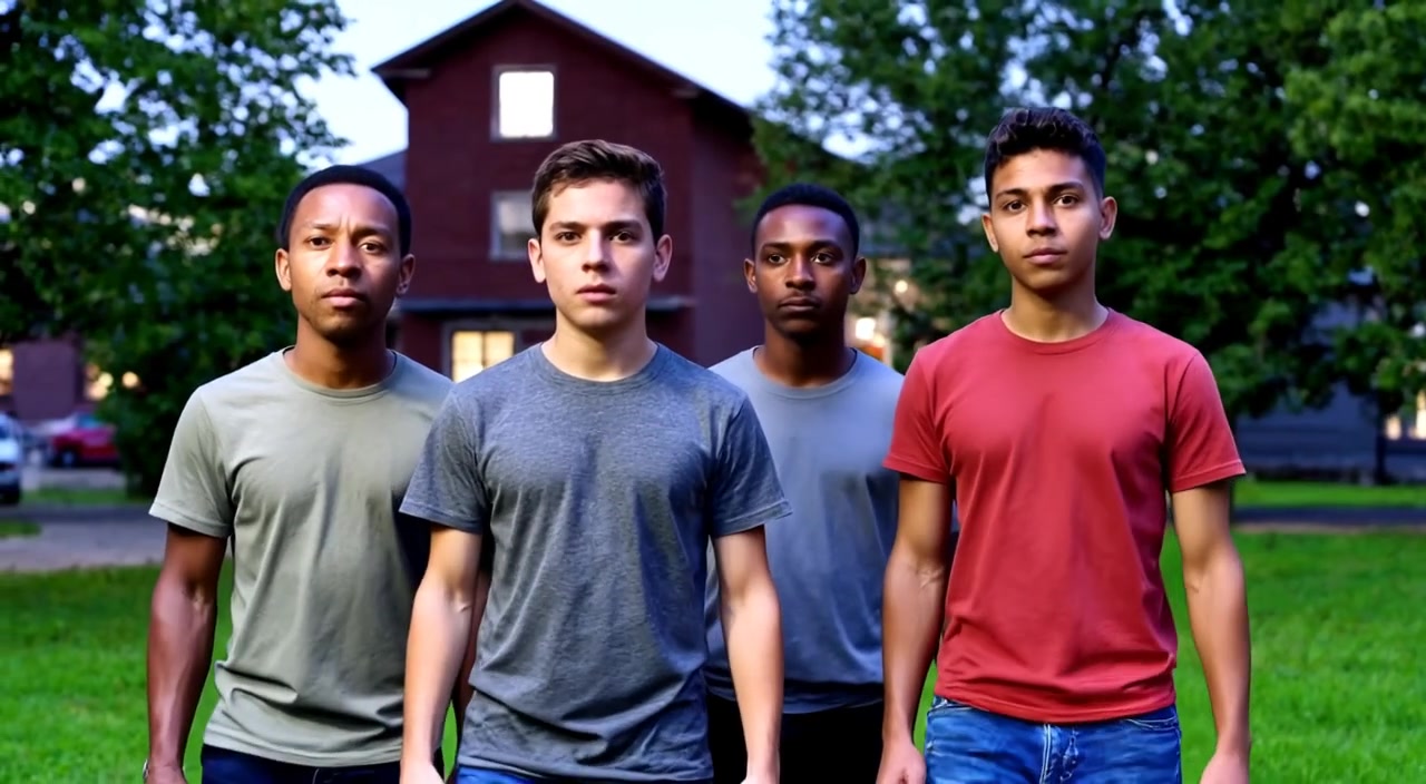 The group of four stands together, gazing confidently towards the horizon as a gentle breeze rustles their clothes.