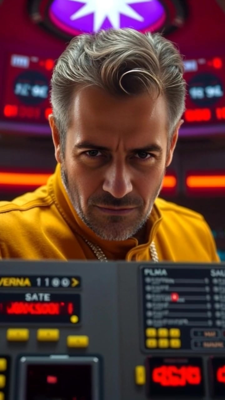 Subject: A figure with a menacing glare, Tybalt Capulet stands resolutely over a control panel in the command room of Verona. Scene: The dimly lit command room is filled with technological equipment and glowing screens, creating an atmosphere of tension and anticipation. Motion: The camera slowly pushes in on Tybalt, focusing on his intense expression, while the room's lights flicker ominously, enhancing the mood.