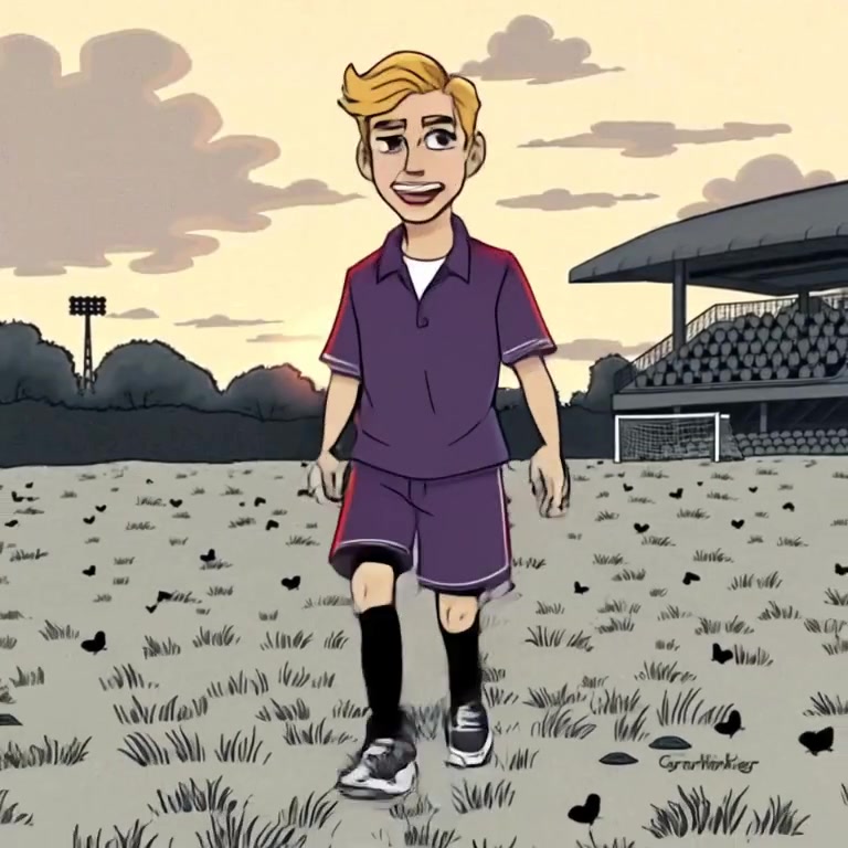 The boy walks confidently onto the field, silhouetted by the warm glow of the setting sun.