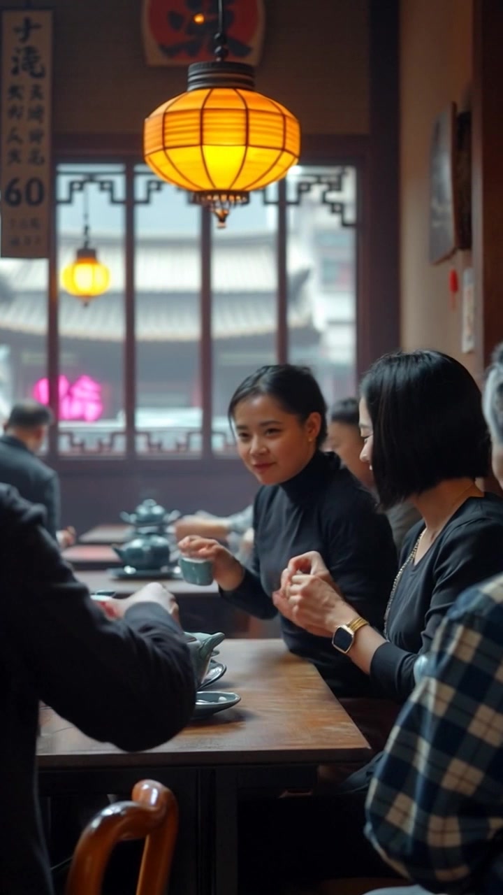 Scene: A traditional Korean tea house, filled with warm wooden decor and personalized tea settings, where a group of individuals engages in lively conversation, showcasing their expressions of joy and camaraderie. Style: Soft ambient lighting that highlights the intricate details of the tea sets and the natural textures of the wooden architecture, creating a cozy atmosphere. Motion: The camera gently glides between the participants, capturing their animated discussions and the delicate movements as they pour tea, creating a sense of intimacy and connection.