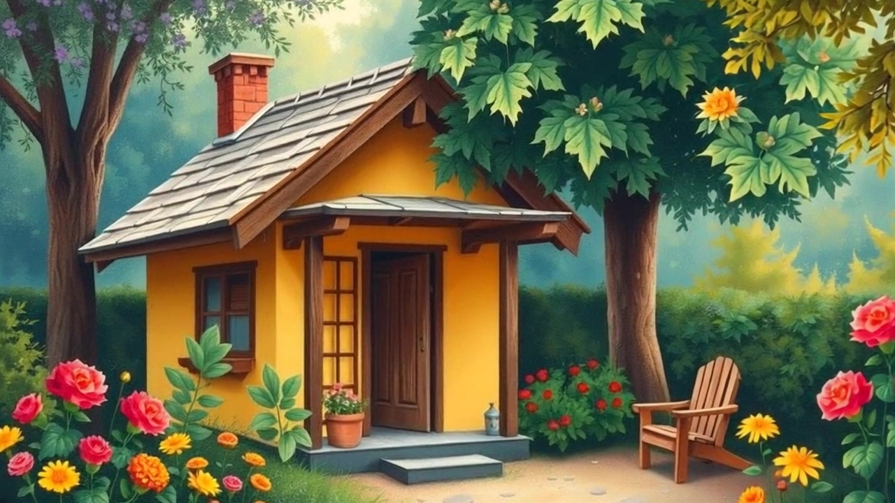 Scene: A wide view of a modest cottage nestled amidst lush greenery, with colorful flowers blooming around it. Style: Soft morning light enveloping the scene, creating a serene and inviting atmosphere. Motion: The camera gently glides forward, moving closer to the cottage while revealing the vibrant natural surroundings, inviting viewers into this tranquil setting.
