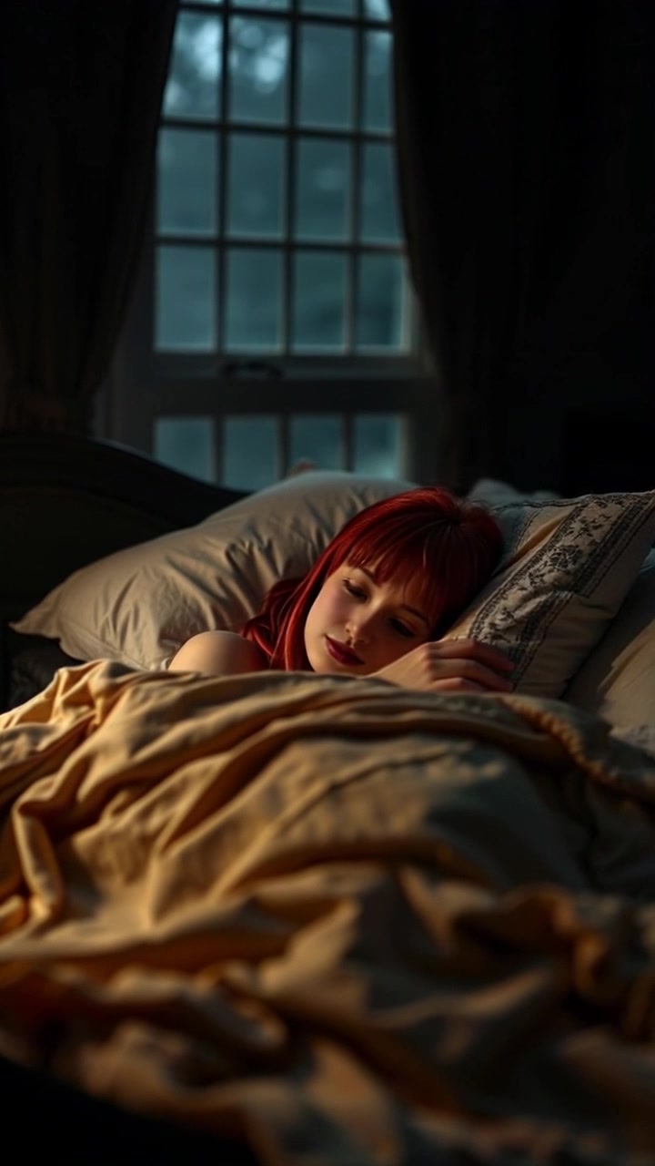 You, asleep in bed, surrounded by soft pillows and blankets, subtly stirring in your sleep. The dimly lit bedroom creates a cozy atmosphere, with the camera slowly pushing in on you to emphasize the peacefulness of the scene.