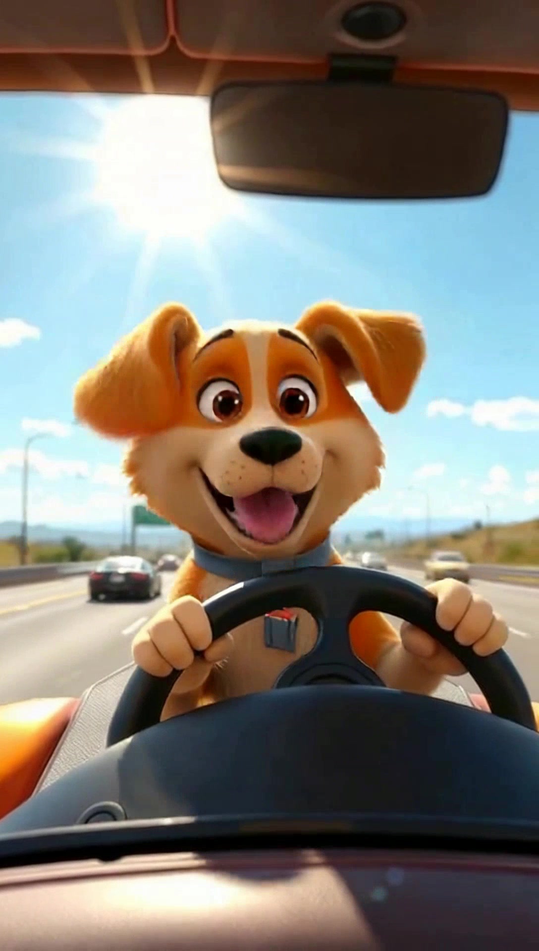 Dog Driving a Car with Girlfriend Cat on the Highway