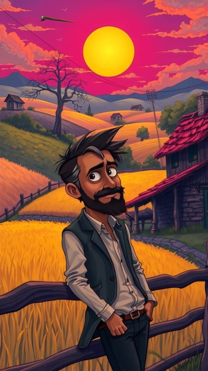 Scene: A rustic village landscape with lush green fields and a charming farmer's house, Bhognath standing by a weathered wooden fence. Style: Warm, natural light illuminating the vibrant colors of the fields and house. Motion: The camera begins with a slow push-in towards Bhognath, capturing the serene atmosphere of the countryside as gentle breezes sway the grass.