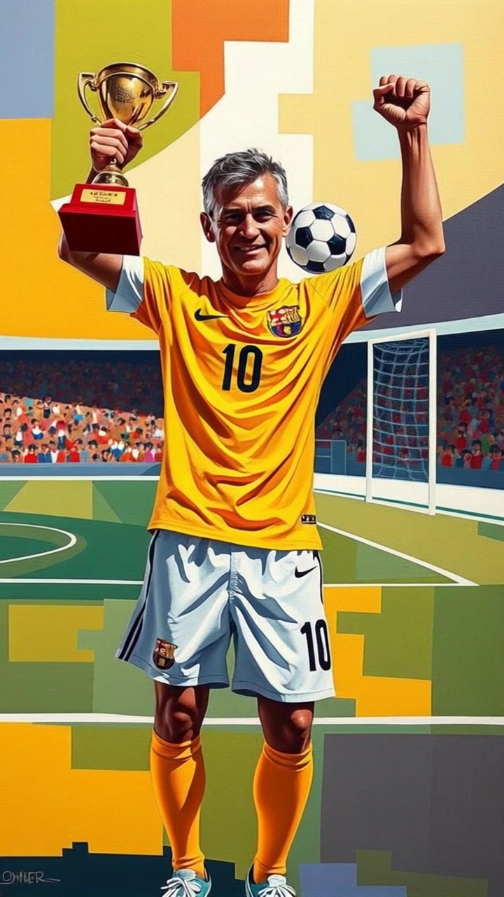 Subject: Cristiano Ronaldo standing triumphantly on a soccer field, holding a trophy high above his head. Subject movement: He raises the trophy in celebration while turning slightly to address the cheering crowd. Scene: The vibrant green soccer field is surrounded by fans in a stadium, with confetti falling through the air. Style: Bright, celebration lighting with a lively atmosphere filled with energy. Motion: The camera performs a dramatic push-in towards Ronaldo, capturing the joy and excitement of the moment, before sweeping outwards to reveal the ecstatic crowd.