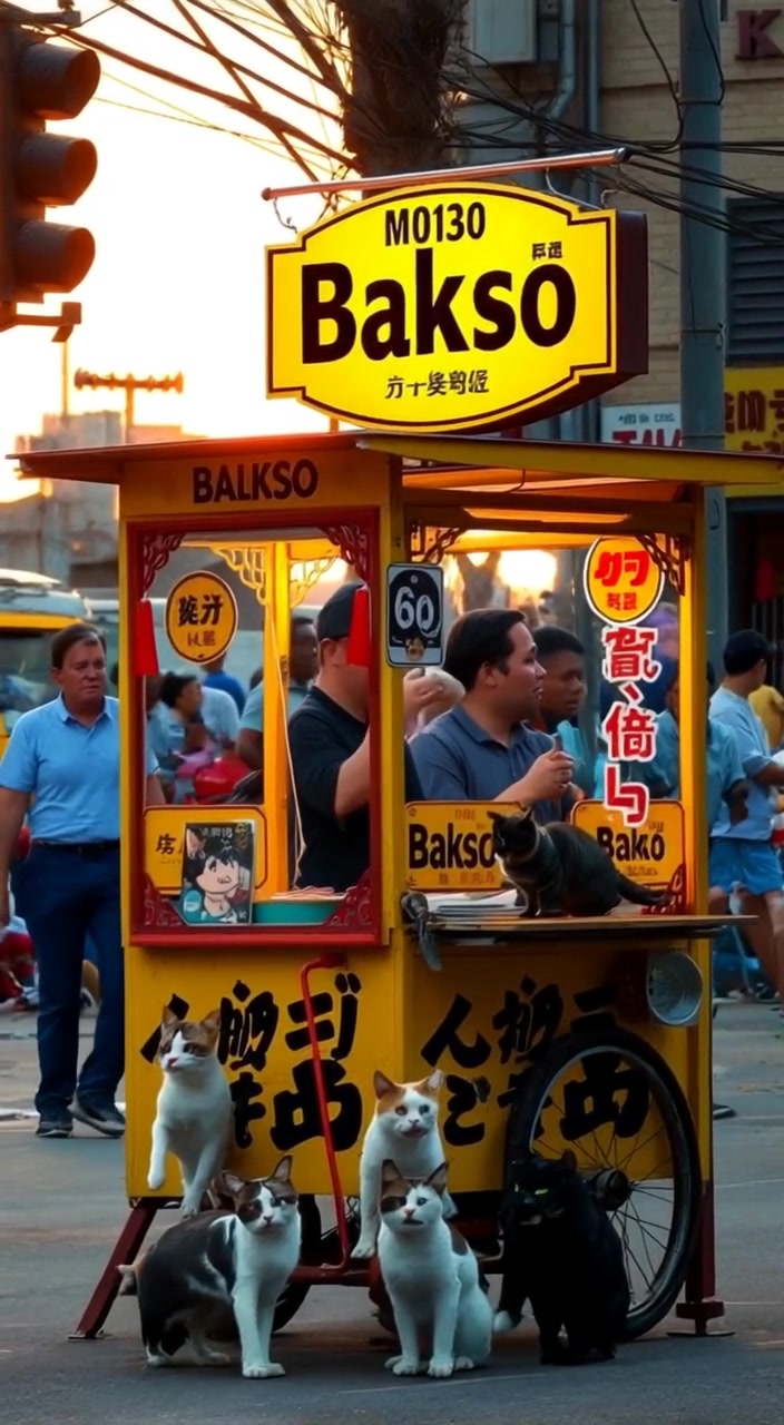 A vendor gently stirs a large pot of soup as light fades softly during sunset.
