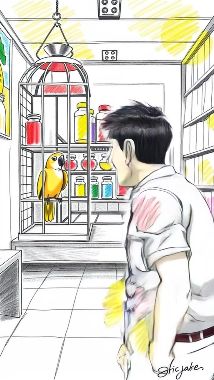 A store interior with a parrot in a cage, the man looking excited.