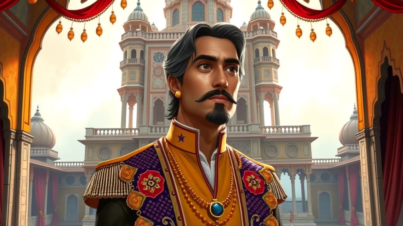 Maharaja Jay Singh Prabhakar in his royal attire, standing majestically in a palace courtyard. Slowly push in towards the Maharaja as he looks regally into the distance. The grand palace architecture and servants attending to their duties create a majestic atmosphere with soft golden lighting.