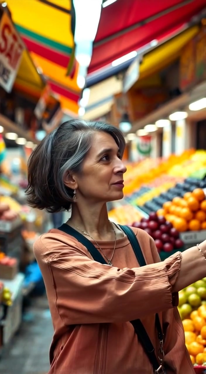 The woman gently reaches for a bright mango among colorful stalls in a bustling market.