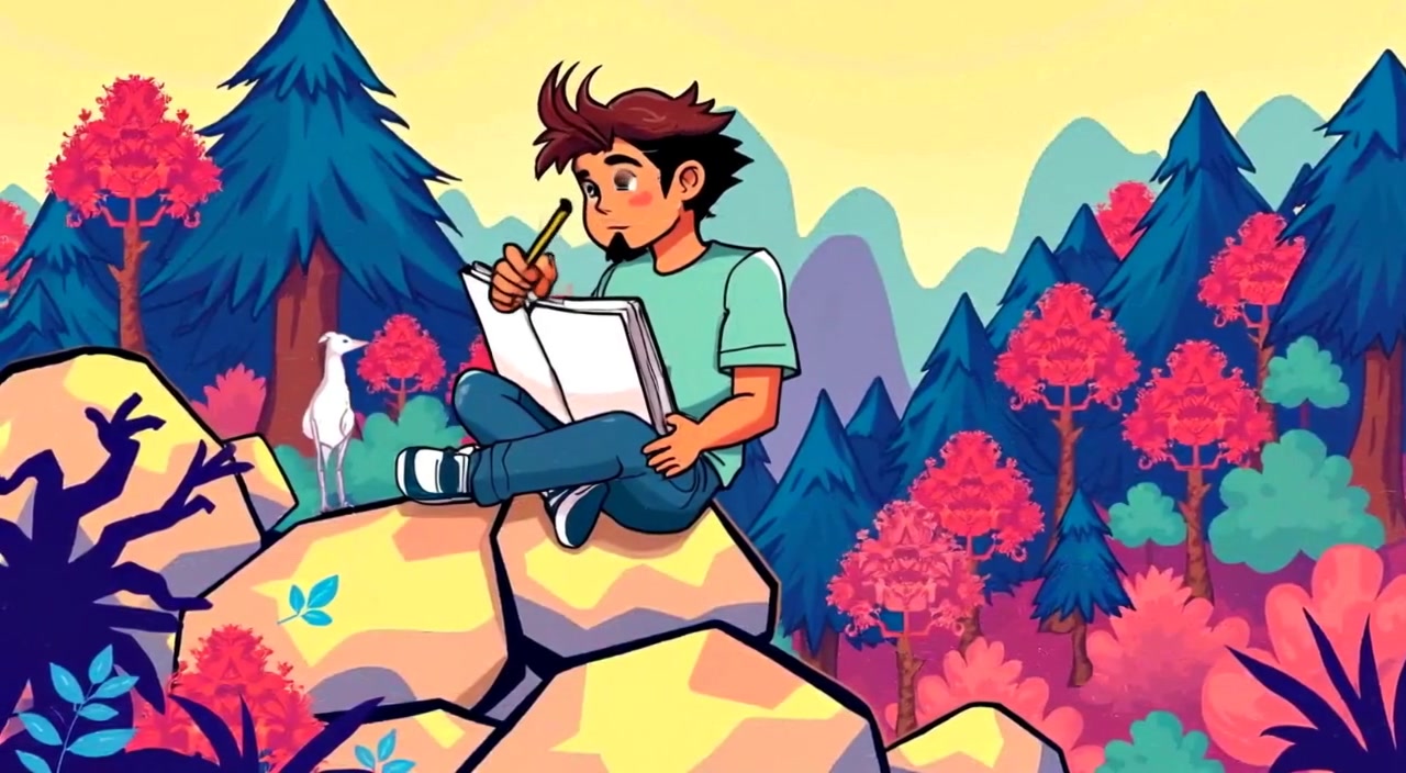 The artist gently sketches in a notebook, surrounded by vibrant trees swaying softly in the warm breeze.
